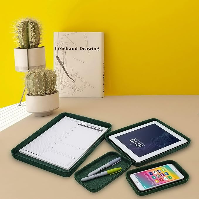 Welaxy EDC Catchall Desk Organizer felt DND dice rolling tray stylish nightstand multitray Entryway Bedside Caddy for Keys Phone Wallet Watch Glasses Pens Office minimalist 4-piece (Forest Green)