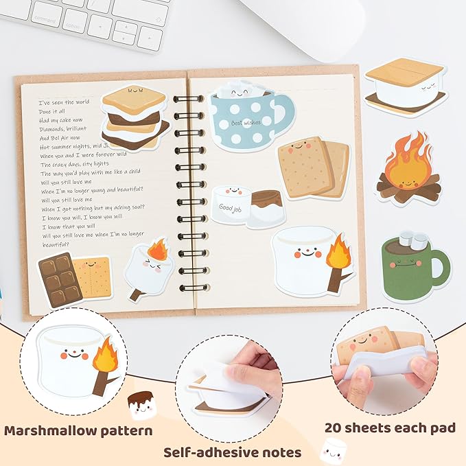 CJiangpo 30Pcs Marshmallow Sticky Notes - 600 Sheets Cute Self Stick Notepad Memo Pads Funny Cartoon Page Markers for Classroom Rewards Teacher Student Supplies Camping Themed Gift for Kids