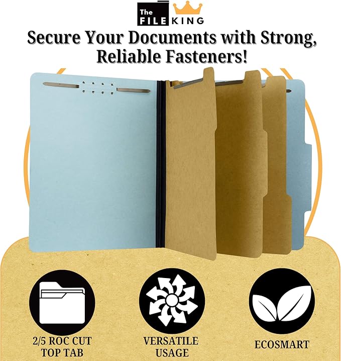 The File King Three Divider Pressboard Classification Light Blue File Folder - Letter Size | Box of 10 | 2/5 ROC Top Tab | 3” Expansion | Eight 2-Inch Fastener Prongs | Made in USA