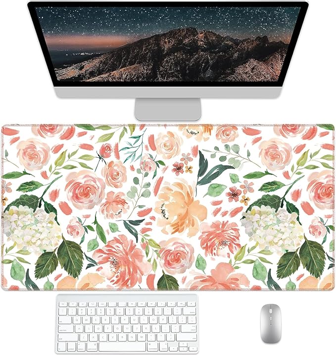 Peony Flower Desk Pad Protector, Stitched Edges Mouse Pad, Large Office Desk Mat, Non-Slip Desk Blotter, Laptop Desk Pad, Floral Desk Writing Pad for Office and Home (31.5" x 15.7")