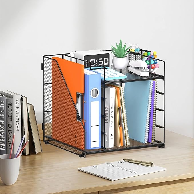 Desk Organizer with Magazine Holder, 5-Tier Paper Organizer for Desk with Pen Holder, Paper Letter Tray for Home, Office and School Supplies, Black