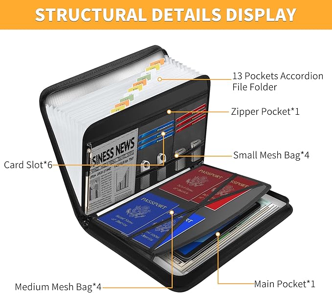 JUNDUN 5200℉ Fireproof Document Organizer, Multi-Pockets Accordion File Organizer with Zipper & Labels, Upgraded Heat Insulated 13 Pockets Expanding File Folder for Letter A4 Files and More