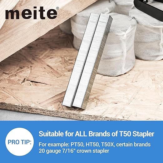 meite T50 Heavy Duty Staples, 3/8 Inch Galvanized T50 Staples for Staple Gun, 20 Gauge 3/8 Inch Crown Staple for Upholstery, Construction, Furniture (1 Case)