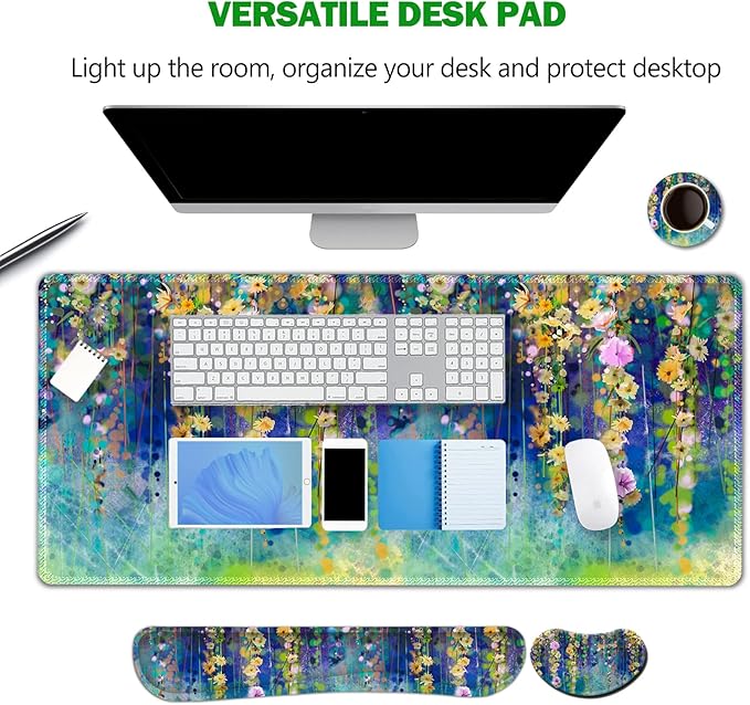 ARTSO Large Gaming Mouse Pad Set, Keyboard Wrist Rest Support + Mouse Wrist Cushion + Extended Mousepad + Coaster, 35x15.5in Multifunctional Desk Mat 4pcs, Oil Painting Flowers