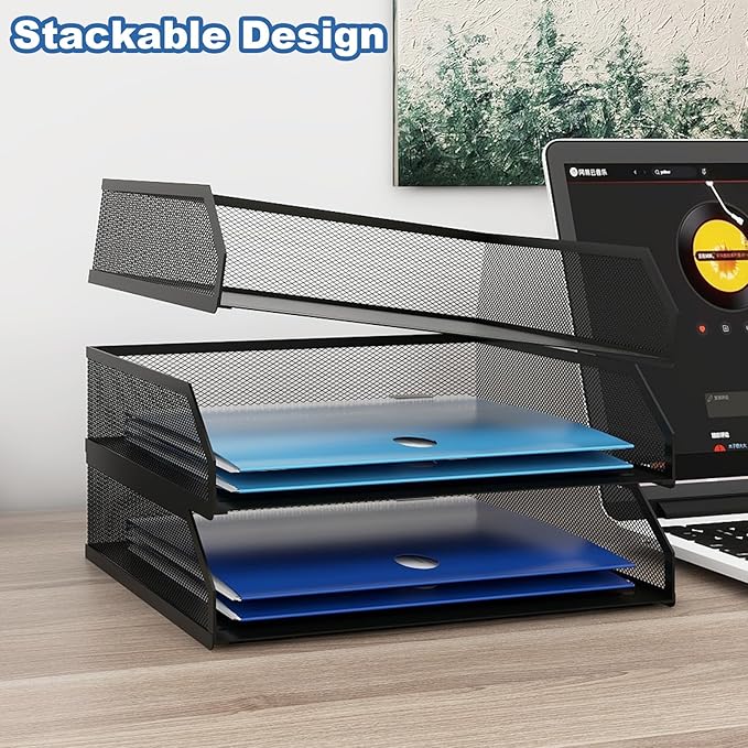 Natwind 3-Tier Stackable Paper Tray, Metal Mesh Desktop Organizer, A4 Desk Organizer, Stackable Letter Trays, File Folder Sorter Organizer with Sliding Tray for Home, Office, School (Black)