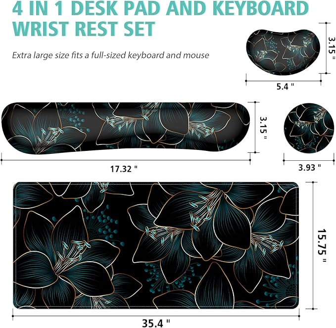Keyboard Mouse Pad Set,Large Gaming Mouse Pad+Keyboard Wrist Rest+Wrist Rest+Coaster,Computer Desk pad Set Wrist Support for Office Desktop Laptop. (35.4" x 15.7") Extended Desk Mat (Floral)