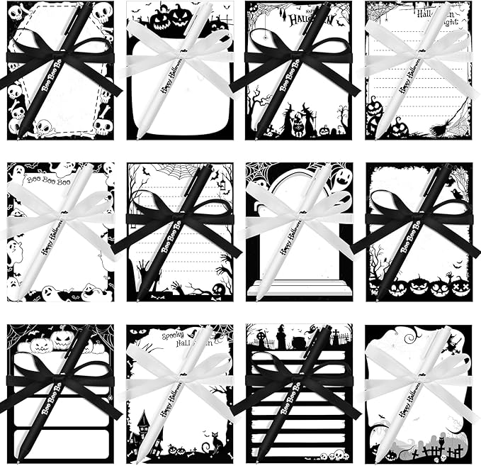36 Pcs Halloween Sticky Notes Include 12 Spider Pumpkin Bat Ghost Notepads and 12 Pen and 12 Ribbon Halloween Self Adhesive Memo Pads Gifts for School Office Home Party Supplies