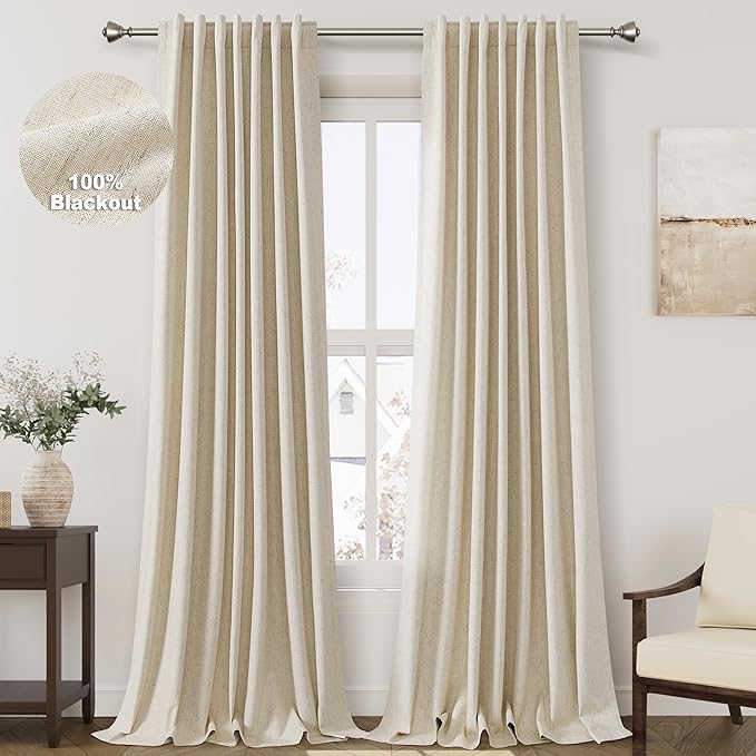 Beige Blackout Linen Curtains 100 Inches Long 2 Panels for Bedroom Back Tab Pinch Pleated Thermal Insulated Black Out Curtains Boho Farmhouse Drop Cloth Room Darkening Curtain Taupe Tan