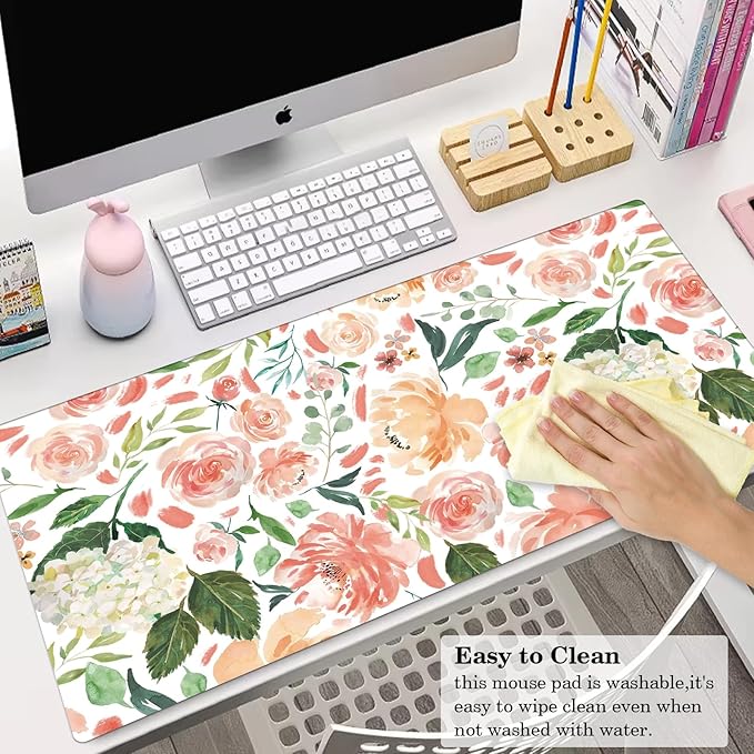 Peony Flower Desk Pad Protector, Stitched Edges Mouse Pad, Large Office Desk Mat, Non-Slip Desk Blotter, Laptop Desk Pad, Floral Desk Writing Pad for Office and Home (31.5" x 15.7")