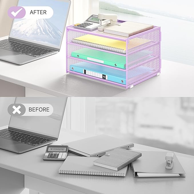 Lavatino 3-Tier Letter Tray Desk Organizer – Purple Mesh Metal Paper File Tray Organizer for Desk, Office Supplies & Home Organization | Fits A4/Letter Paper, Mail, Magazines and Office Accessories