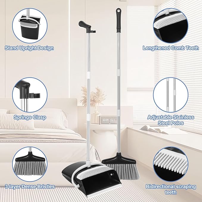 Broom and Dustpan Set with Long Handle, Upright Standing Design, Indoor Outdoor Cleaning Combo, Black and Gray