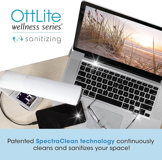 OttLite Thrive LED Sanitizing Desk Lamp with Clock and USB Charging - Eliminates up to 99.9% of Bacteria, Touch Activated, Flexible Neck, Modern Light for Reading, Crafting & Office Desktop