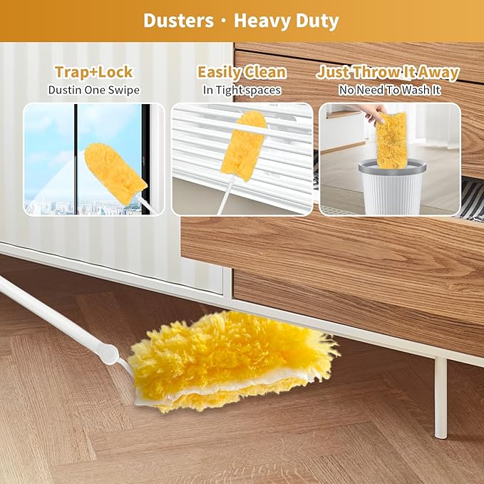 50 Pack Duster Refill Compatible with 1 Extendable Handle, 360 Heavy Duty Duster Kit with 1 Handle, Multi-Surface Disposable Dusters Refills for Cleaning Corner, Furniture, Car, Blinds