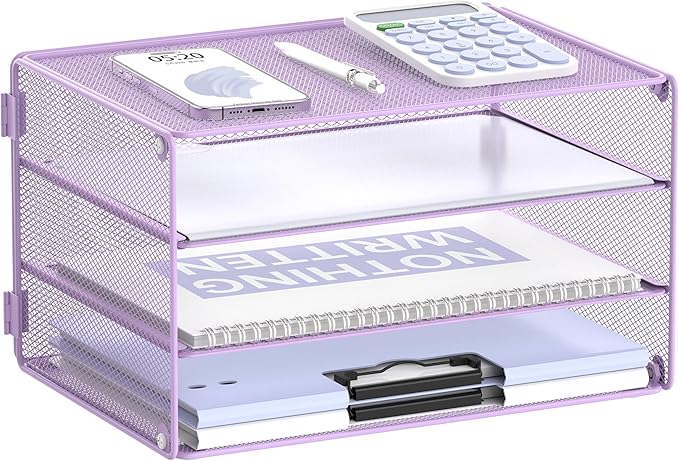 DALTACK 3 Tier Letter Tray Paper Organizer Mesh Metal Desk File Organizer for Home & Office, Light Purple