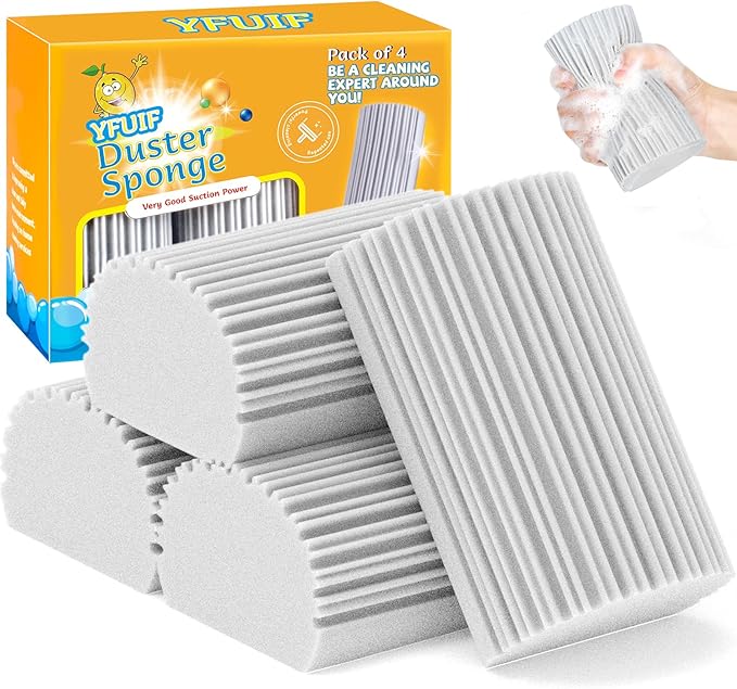 4 Pack Damp Clean Duster Sponge, Magic Sponge Eraser for Household Cleaning, Reusable Dusters Cleaning Supplies for Housekeeping, Dish, Blinds, Glass, Baseboards,Window Track Grooves and Faucets