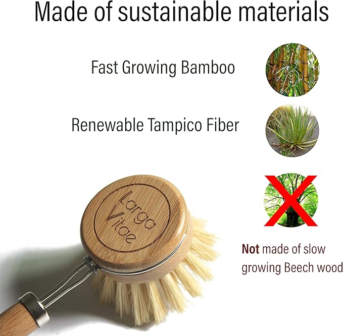 Larga Vitae 6 pcs Wooden Dish Brush Replacement Heads Made of Renewable Bamboo Wood and Natural Bristle Fiber, Durable, Long Lasting (Tampico Fiber)