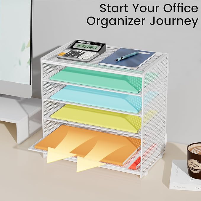 6 Tier Paper Organizer, Metal Mesh Desk File Folder, Letter Tray Organizer, Paper Sorter Desk Organizers for Office, Home or School File Folder Holder - White