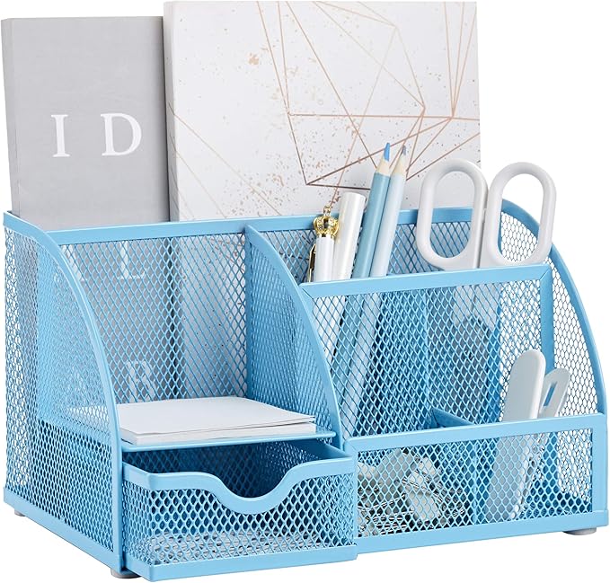 Annova Mesh Desk Organizer Office with 7 Compartments + Drawer/Desk Tidy Candy/Pen Holder/Multifunctional Organizer (Blue)