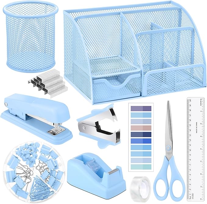 11 in 1 Blue Desk Organizer and Accessories, Blue Desk Accessories Light Blue Office Supplies Include Blue Stapler Blue Tape Dispenser Pen Holder Staple Remover Clips Ruler Scissors Tapes Tabs