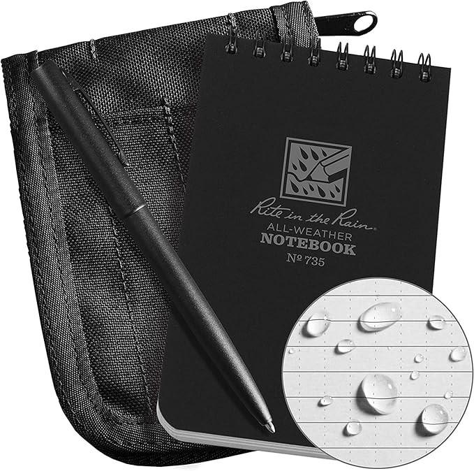 Rite in the Rain Weatherproof 3" x 5" Top-Spiral Notebook Kit: Black CORDURA Fabric Cover, 3" x 5" Black Notebook, and Weatherproof Pen (No. 735B-KIT)