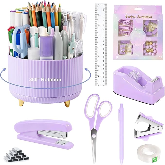 Purple Desk Accessories, Purple Office Supplies 360°Pen Holder Desk Organizers And Accessories with Tape Dispenser, Stapler, Staple Remover, 1000 Staples, Tape, Clips Set, Ruler, Scissor, Pen