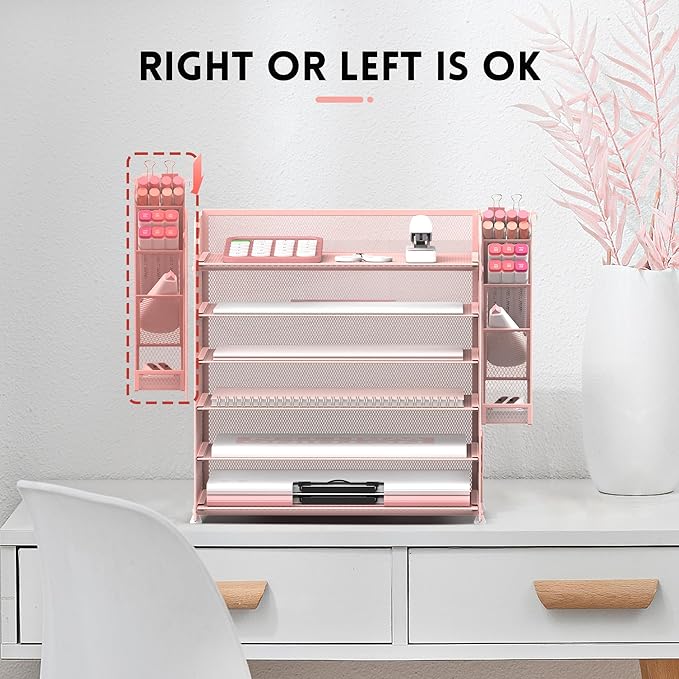 SUPEASY 6 Tier Desk Organizer with 4 Pen Holders, Mesh Paper Organizer Letter Tray with Handle, Desk Organizer Tray File Organizer for A4 File Folder, Rose Pink