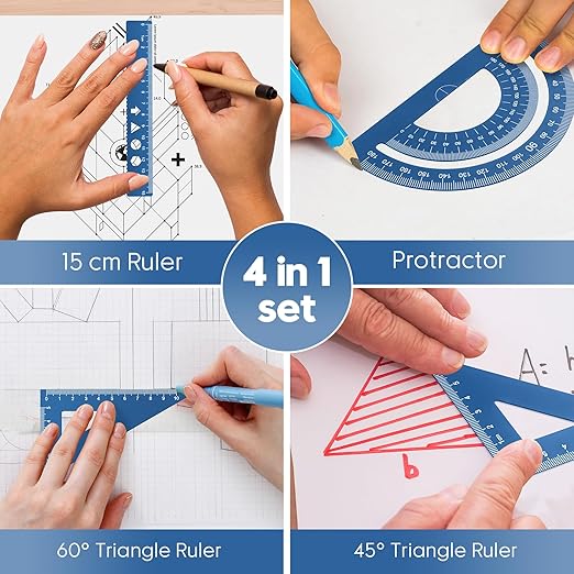 MSDADA Triangle Ruler, Protractor, Square and Ruler Set, 4 Pieces Aluminum Alloy Ruler, Metal Drafting Ruler Kit, Geometric Protractor for Student, School, Home, Office (Blue, 15cm/5.9inch)