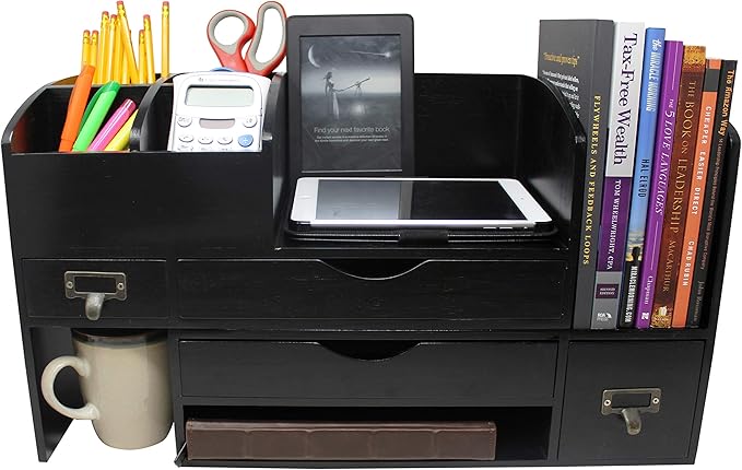 Executive Office Solutions Large Adjustable Wooden Office Desk Organizer For Desktop, Tabletop, or Counter – Wood Storage Shelf Rack – For Office Supplies, Desk Accessories, or Mail - Black (WO13)