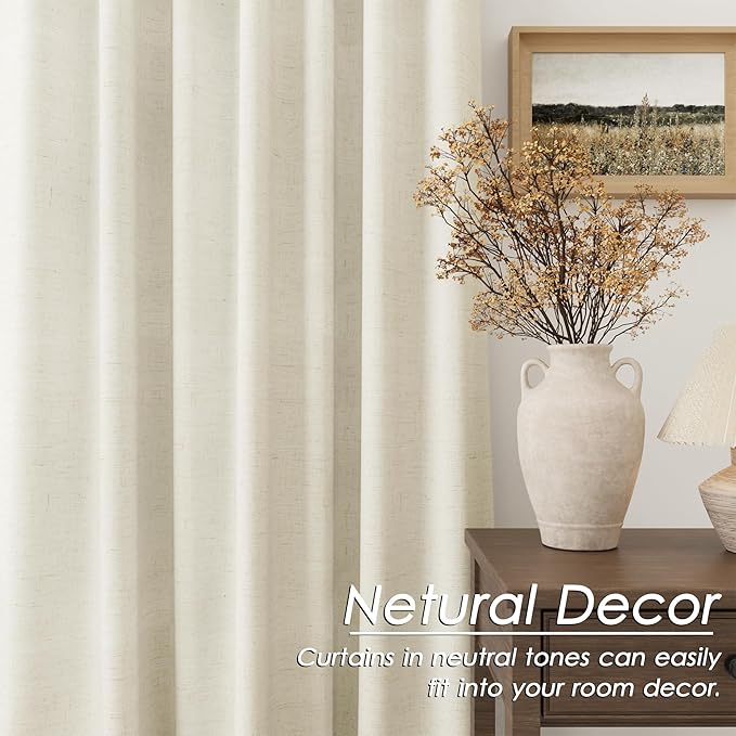 Warm Beige Linen Blackout Curtains 90 Inches Long Loop Pocket Rod Pocket Flax Linen Sound Absorbing Thermal Insulated Blackout 2 Panels Set for Dining Room Modern Urban Curtains Drapes 52x90