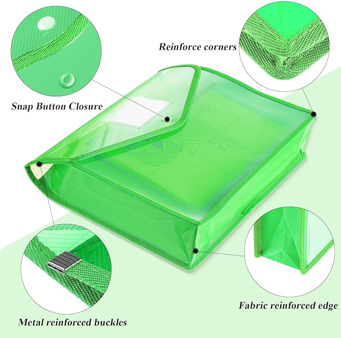 Epakh 10 Pieces Plastic File Folders Envelope Expanding File Wallet Organizer Documents Folder with Snap Closure and Pocket, A4 Size Waterproof Transparent Pouch (Green,Horizontal)