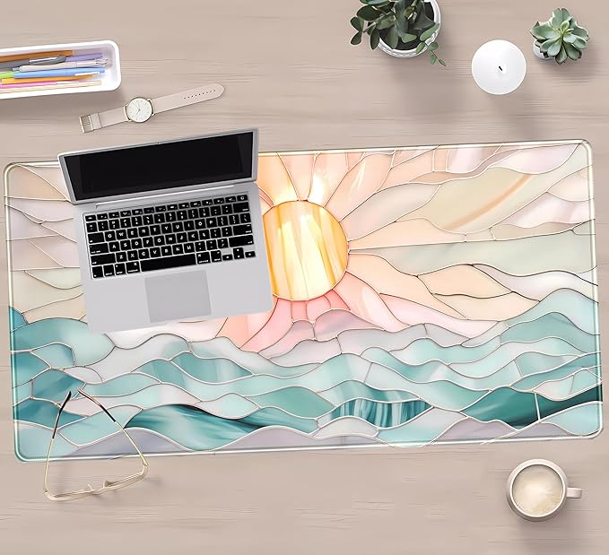 Desk Mat Gaming Desk Pad Large Mouse and Keyboard Pad, Abstract Serene Ocean Sunrise Mouse Mat XXL, Pastel Desk Protector Mat Computer Mats for Desktop Sun & Waves Office Decor 31.5" x 15.7"