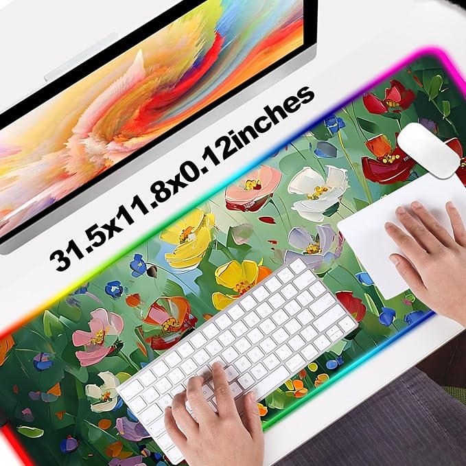RGB Abstract Green Wildflower Gaming Desk Mat, Computer Keyboard Large Extended Long Floral LED Mouse Pad for Office and Home, XL (W23)