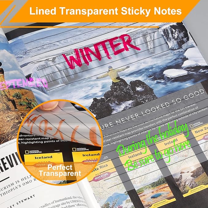 Large Lined Transparent Sticky Notes, 4 Pads 3x5 inch Clear See Through Translucent Self-Adhesive Post Memo Reminder Tabs with Line for Office Woman College School Students Classroom Supplies White