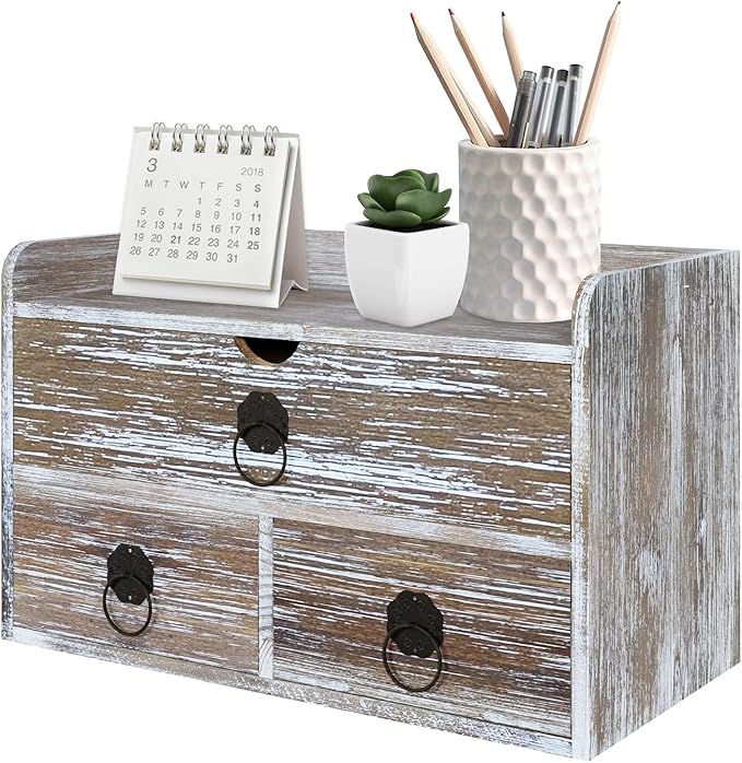 Washed Brown Wood Desk Organizer, Desktop Organizer with Drawers, Mini Tabletop Storage Organization Container for Home Office Supplies, No Assembly Required (3 Drawer and Shelf)