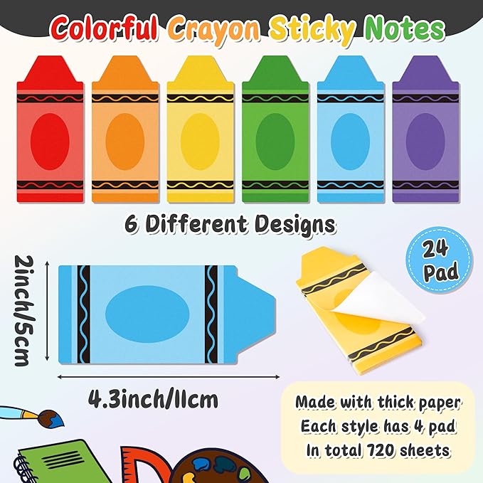 Bright Colors Sticky Notes - 72pcs Cute Crayon-Shaped Super Self Sticky Strong Adhesive Pastel Note Pads Pens Ribbon Set Sticking Power Memo Stick Pads Back to School Supplies Office Products