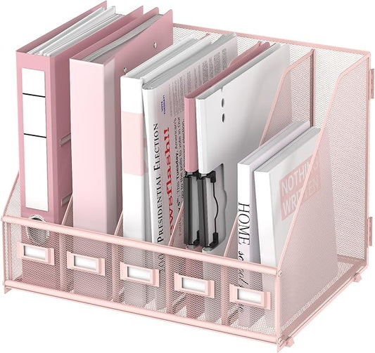 SUPEASY Desk Organizers Metal Desk Magazine File Holder with 5 Vertical Compartments Rack File Organizer for Office Desktop, Home Workspace, Pink Plus
