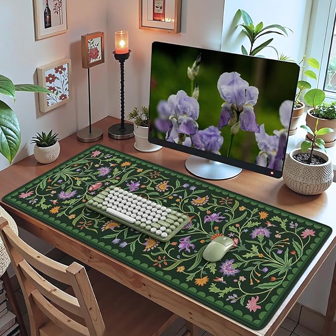 HAOCOO Moss Green Aesthetic Desk Matt for Desktop, Cute Mouse Pad, Non-Slip Vintage Keyboard Mat with Stitched Edge, Large Desk Docer Mat, Desk Cover for Home, School, Office