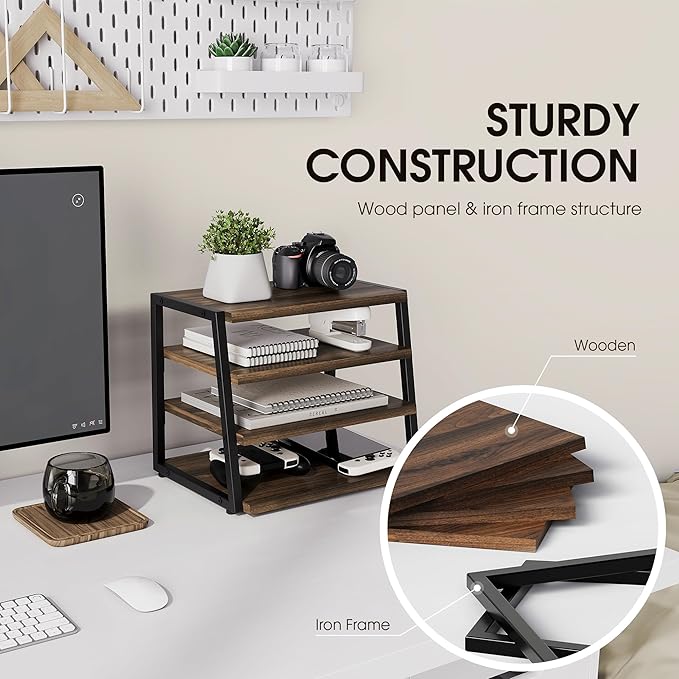 Fenge Desk Shelf Organizer, 4 Tier Desktop Shelf, Wood and Metal Office Shelves, Corner File Organizer for Office Supplies, Top of Desk Organizers and Accessories