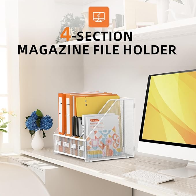 DALTACK Desk Organizers Metal Magazine File Holder with 4 Vertical Compartments Folder Storage Binder Organizer for Office Home School Organization, White