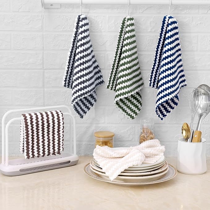 Homaxy 12 Pack Kitchen Dish Cloths, Ultra Soft and Absorbent Dish Towels, Reusable Fast Drying Microfiber Cleaning Cloth, Coral Velvet Wave Design No-lint, 10 x 10 inches, Brown