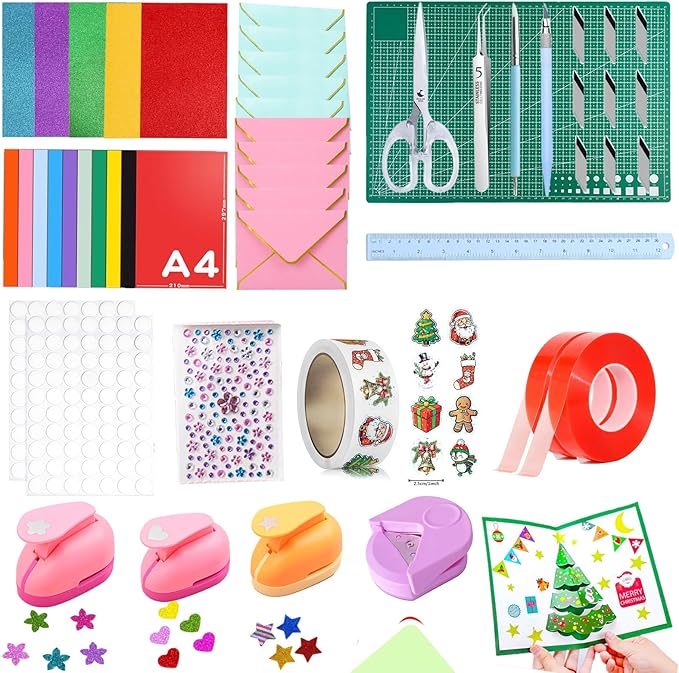 150 Pcs Card Making Supplies For Adults Kids,DIY Card Making Kit with Cutting Mat,Control Knife,Hole Punch,Blank Greeting Cards and Envelopes-Giftable DIY Greeting Card Set-Happy Birthday Christmas