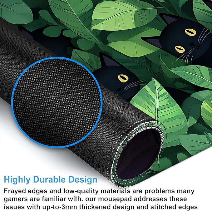 Desk Pad, Cute Anime Cats in Green Leaves XXL Gaming Mouse Pad with Stitched Edges,Non-Slip Waterproof Rubber Base Large Desk Mat for Keyboard and Mouse 35.4"x15.7"