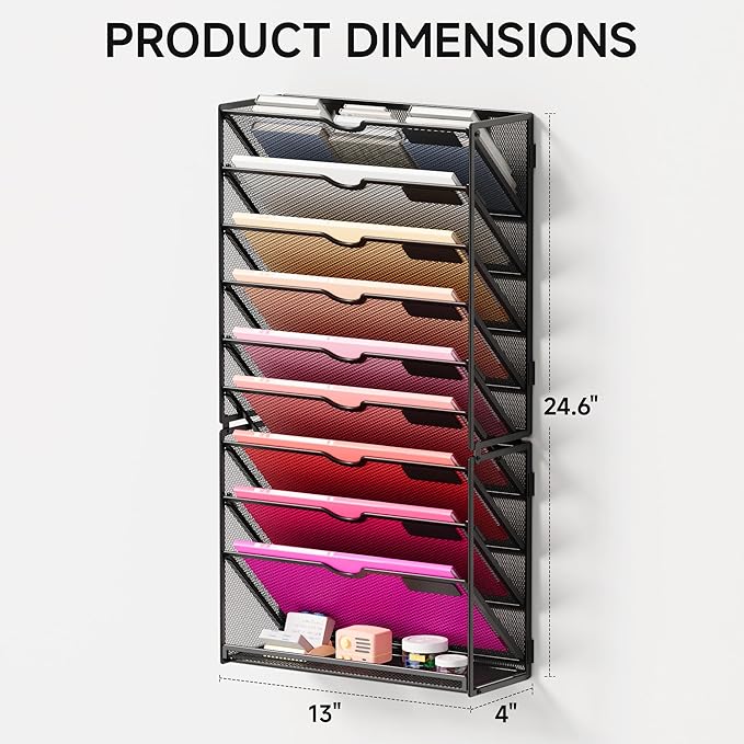 Lavatino 10-Tier Hanging Wall File Folders Organizer - Black Metal Mesh Paper Magazine Document Mail Holder File Organizer for Office School Home Wall Mount or Desk Supplies Organization