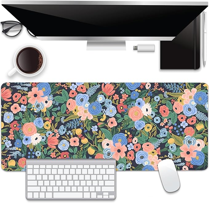 Garden Party Flowers Desk Pad Mouse Pad,Large Floral Mouse Mat with Stitched Edges,Non-Slip Rubber Base Mousepad for Office PC Keyboard Laptop and Home Work Desk Mat(27.5X11.8 in)
