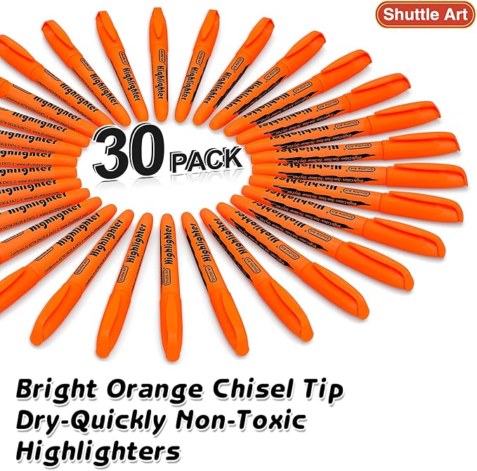 Shuttle Art Highlighters, 30 Pack Highlighters Bright Colors, Orange Colors Chisel Tip Dry-Quickly Non-Toxic Highlighter markers for Adults Kids Highlighting in the Home School Office