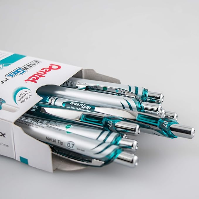 Pentel EnerGel RTX Retractable Liquid Gel Pen Metal Tip, 12 Pack, (0.7mm), Medium Line, Turquoise Blue, Box of 12 (BL77-S3)