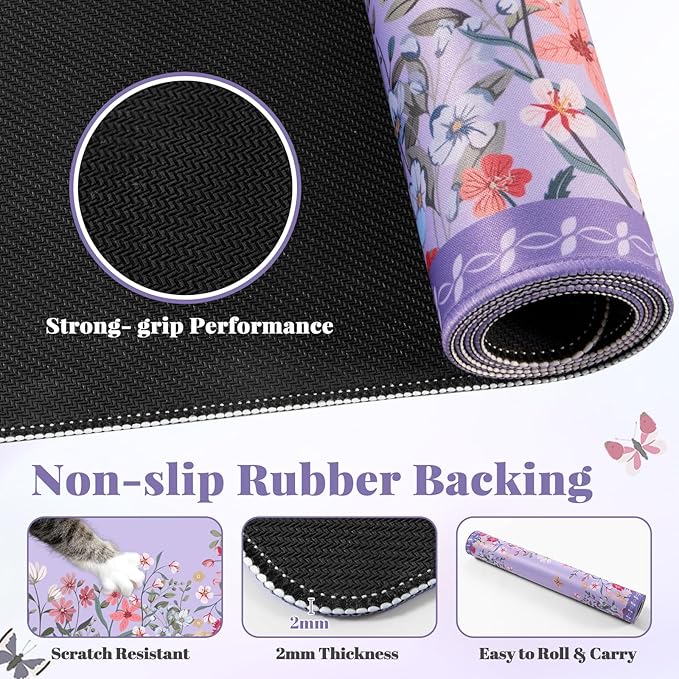 HAOCOO Purple Desk Mat for Keyboard and Mouse, Floral Keyboard Mat with Edge Stitching, Non-Slip Large Mouse Pad for Desk for Gaming,Women Office