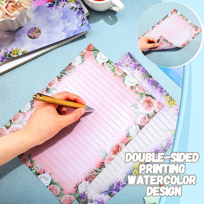 TaoBary 160 Pcs Stationery Paper Set 50 Double Sided Stationery Papers with 50 Matching Envelopes and 60 Round Dot Sticker, 10 Design(Flower,8.5 x 11 Inch)