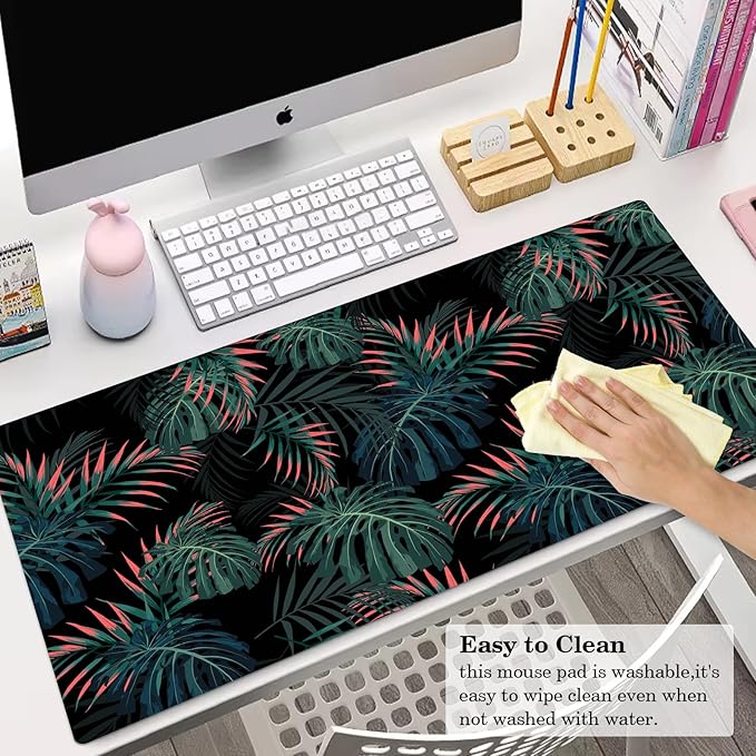 Gaming Flowers Plants Background Pattern Desk Mat Black Background Large Extended XXL Non-Slip Laptop Computer Mouse Pad (31.5" x 15.7")