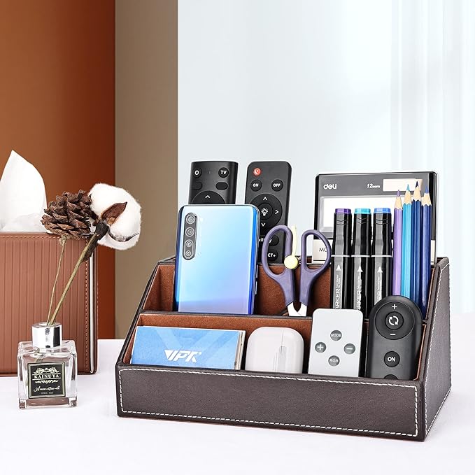 KINGFOM Pu Leather Desk Organizer with 5 Compartments Holder, Multi-Functional Office Supplies Storage Caddy for Pen/Pencil, Phones, Remote Controller and Desktop Accessorie Brown